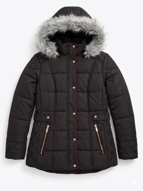 🔹️Intl Details Black Lined Faux Fur Hooded Puffer Jacket Medium